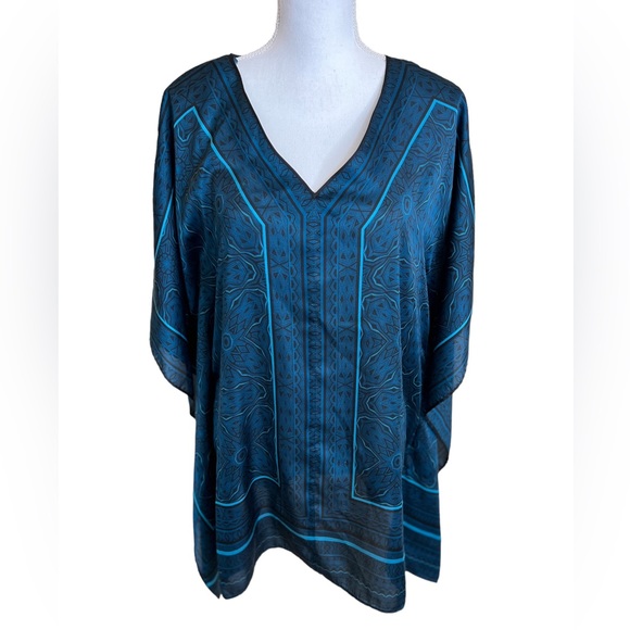DANA BUCHMAN women’s top size medium teal blue kimono slit open sleeves print - Picture 1 of 11